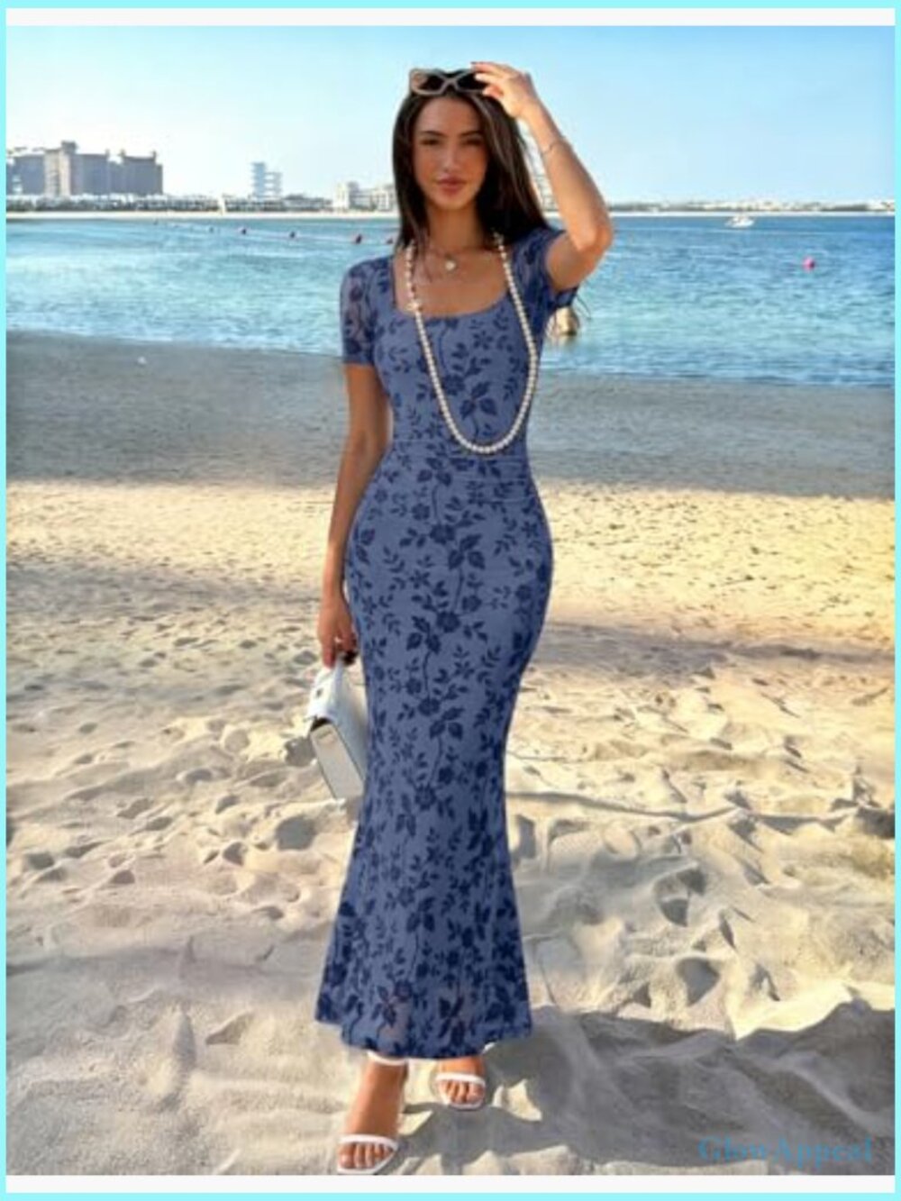 Women Square Neck Mermaid Maxi Dress Short Sleeve Floral Bodycon Formal - Picture 7 of 7